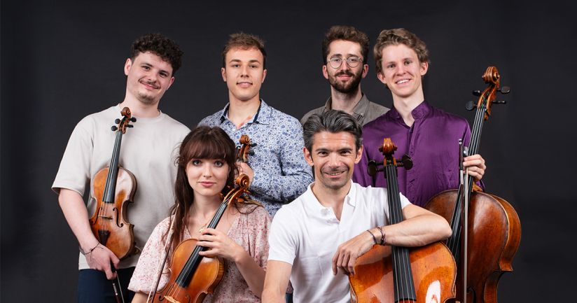 De gauche à droite et de haut en bas : Quentin Vogel, Gatien Leray, Léon Haffner, Maxime Grizard, Coline Moreau et Gautier Capuçon